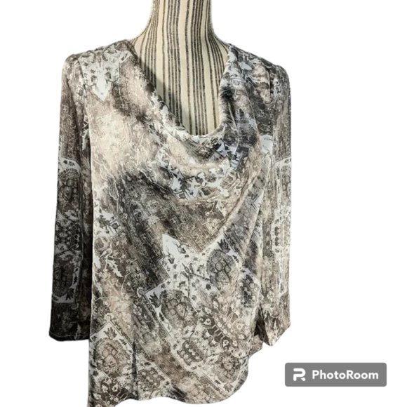 ecru NWOT Gold & White Print Drape Neck Top Size Medium - Picture 1 of 12